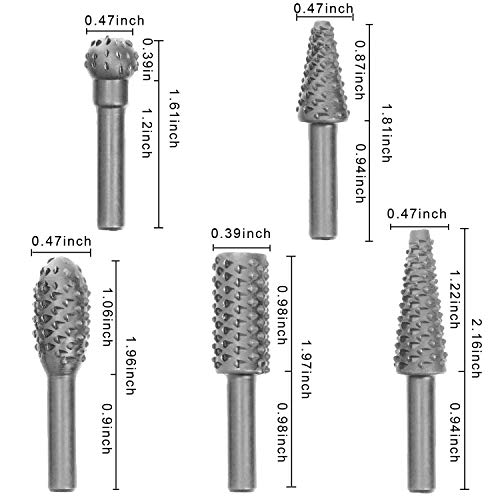 Rotary Burr Rasp Set - 5Pcs Wood Carving File Drill Bits, 1/4 Inch Round Shank Chisel Shaped Embossed Grinding Head DIY Woodworking Power Tools for