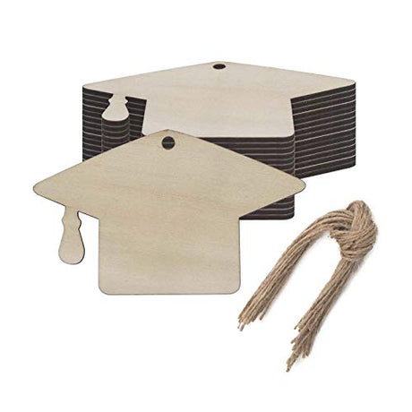JANOU 20pcs Graduation Cap Wood DIY Craft Cutouts Grad Hat Unfinished Wood Blank Embellishments Gift Tags Ornaments with Ropes for Graduation Party JANOU
