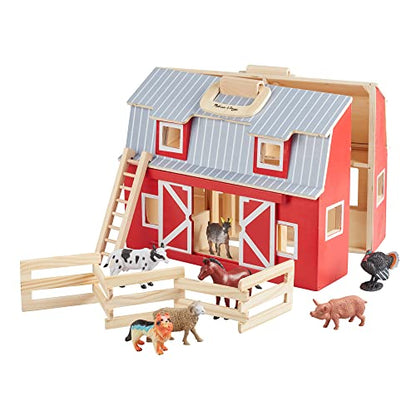 Melissa & Doug Fold and Go Wooden Barn With 7 Animal Play Figures - Farm Animals Portable Toys For Kids And Toddlers Ages 3+ - WoodArtSupply