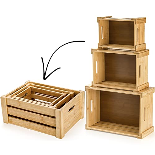 Lawei Set of 3 Bamboo Nesting Crates with Handles, Rustic Decorative Storage Container Box, Crate Box for Display, Farmhouse Bamboo Basket Bins for Lawei