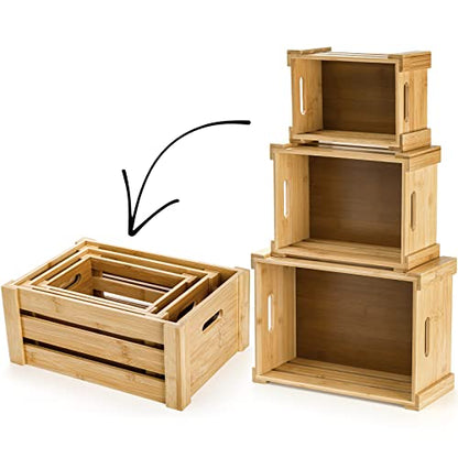 Lawei Set of 3 Bamboo Nesting Crates with Handles, Rustic Decorative Storage Container Box, Crate Box for Display, Farmhouse Bamboo Basket Bins for - WoodArtSupply