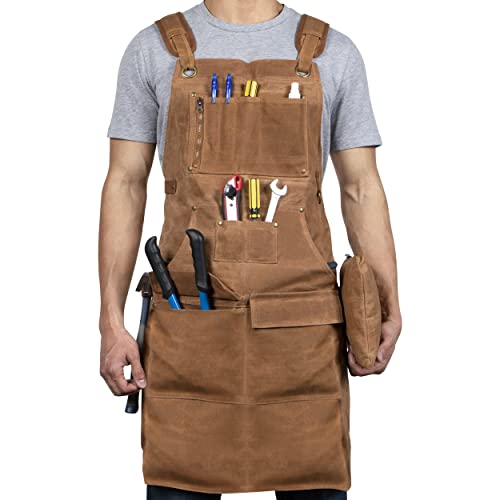 FixGrub Woodworking Apron - Durable 16 oz Waxed Canvas Work Apron with Zippered Canvas Bag, Fully Adjustable Shop Apron, Size S to XXL, Ideal - WoodArtSupply