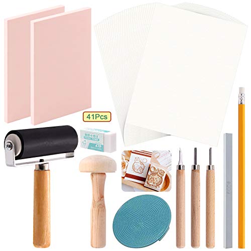 Keadic 41 Pieces Rubber Stamp Making Kit, Includes 2 Rubber Stamps Carving Blocks, 3 Carving Tools & Whetstone, Tracing Papers, Brayer Roller, Block - WoodArtSupply