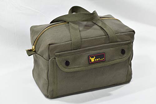 G & F Products Government Issued Style Mechanics Heavy Duty Tool Bag with Brass zipper and side pockets, tool bag for cars, drill, garden, and G & F Products