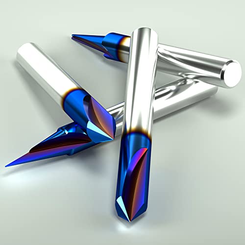 Engraving CNC Wood Carving Router Bit Set 1/4 Inch Shank 15°, 20°, 60°, 90° Engraving Bits with Nano Blue Coated, 2 Flutes Straight CNC V-bit Carzces