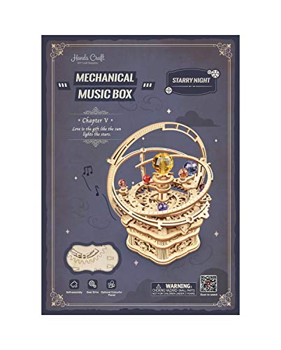 Hands Craft DIY 3D Music Box Wooden Puzzle – Gear Driven, Starry Night Laser Cut Assembly Model Building Kit Brain Teaser Puzzles Educational STEM Hands Craft