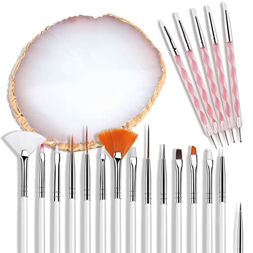 AUOCATTAIL Nail Art Design Tools 15pcs Painting Brushes Set with 5pcs 2-way Dotting Pens & A Gold-rimmed Resin Palette Nail Art Brushes Kits Nail Art AUOCATTAIL