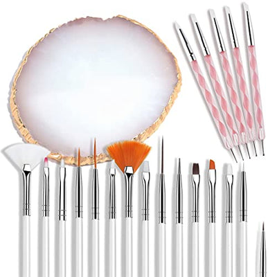 AUOCATTAIL Nail Art Design Tools 15pcs Painting Brushes Set with 5pcs 2-way Dotting Pens & A Gold-rimmed Resin Palette Nail Art Brushes Kits Nail Art