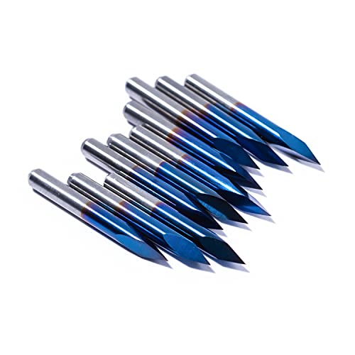 10pcs Triangular CNC Router Bits V-Bit, 30 Degree 0.1mm Engraving Bits, 1/8” Shank Nano Blue Coating Sharp Pyramid Bits for Acrylic Wood MDF Aluminum