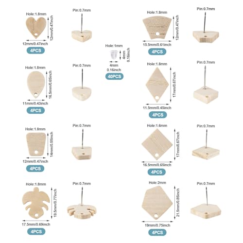 Craftdady 16 Pairs Unfinished Wood Stud Earring Posts Findings Heart Teardrop Leaf Wooden Earring Blanks Earring Making Supplies with Earring Backs Craftdady