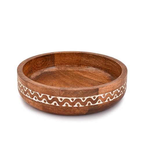 Samhita Mango Wood Round White Decorative Bowls for Rustic Home Decor Table Centerpieces Home Party Wedding Décor (10" x 10" x 2.5") - WoodArtSupply