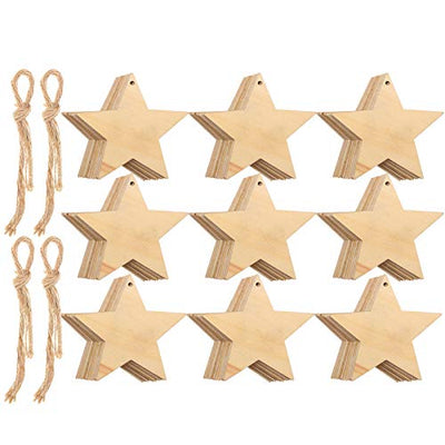 Tatuo 100 Pieces Christmas Wooden Star Ornaments Star Wooden Ornaments Cutouts for Crafts Hanging Ornaments with Ropes for Embellishments, Wedding,