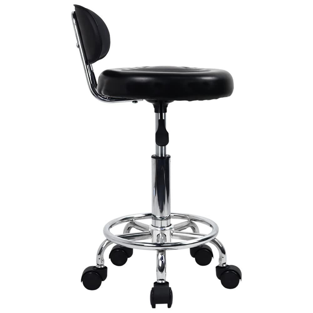 KKTONER PU Leather Modern Rolling Stool with Low Back Height Adjustable Work Salon Drafting Swivel Task Chair with Footrest (Black) KKTONER