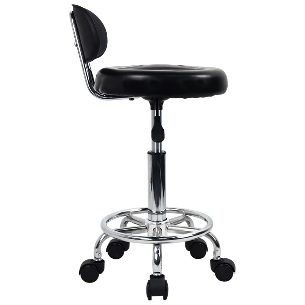 KKTONER PU Leather Modern Rolling Stool with Low Back Height Adjustable Work Salon Drafting Swivel Task Chair with Footrest (Black) - WoodArtSupply