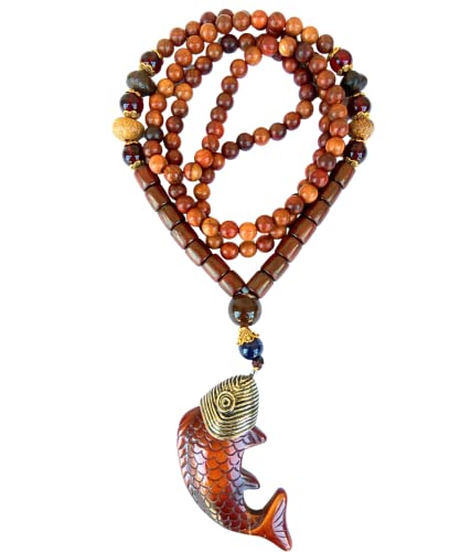 DREMINOVA Wood Strand Necklace for Women Japa Mala Red Sandalwood Beads Meditation Prayer Buddhist Energy Trendy Women’s Jewelry (Persistence Fish)