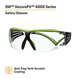 3M Safety Glasses, SecureFit 400X, ANSI Z87, Anti-Fog Anti-Scratch Clear Lens, Green and Black Frame, Brow Guard, Lightweight, Soft Nose Bridge and 3M SecureFit