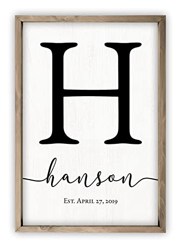 Framed Wooden Family Name Sign Personalized Wood Monogram Choose from Four Sizes (12" x 18", Weathered Grey Frame, White Background) - WoodArtSupply