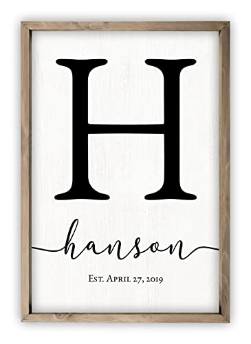 Framed Wooden Family Name Sign Personalized Wood Monogram Choose from Four Sizes (12" x 18", Weathered Grey Frame, White Background) MRC Wood Products