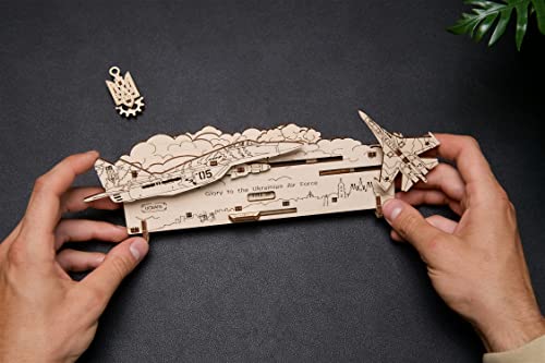 UGEARS Ghost of Kyiv Attacks 3D Wooden Puzzle - Wooden Mechanical Model Kit to Build - DIY Constructor with Gear Mechanism - Brain Teaser Building - WoodArtSupply