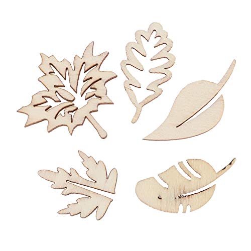 Amosfun 50pcs Laser Cut Wood Embellishment Hollow Out Wooden Leaves Shape Wood Discs Unfinished Wood Cutout for Arts Crafts DIY Decoration Amosfun