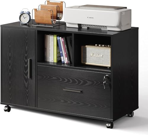 DEVAISE Office File Cabinet with Lock, 1-Drawer Wood Lateral Filing Cabinet on Wheels, Printer Stand with Open Storage Shelves for Home Office, Black