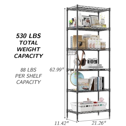Homdox 6-Tier Storage Shelf Wire Shelving Unit Free Standing Rack Organization Adjustable Leveling Feet, Stainless Side Hooks, Black Homdox