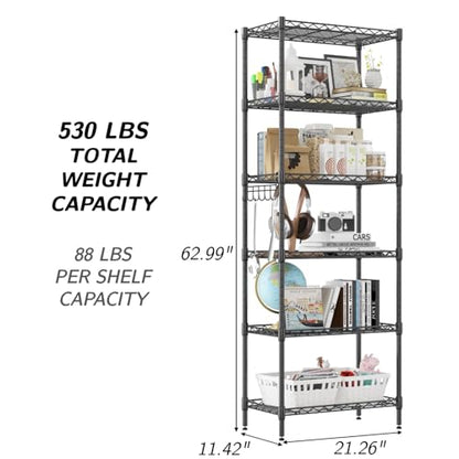 Homdox 6-Tier Storage Shelf Wire Shelving Unit Free Standing Rack Organization Adjustable Leveling Feet, Stainless Side Hooks, Black - WoodArtSupply