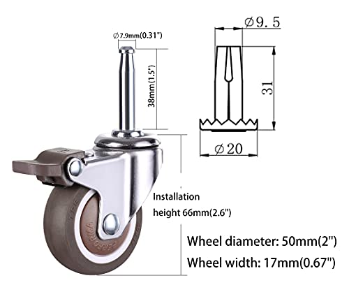 NERILEE 2 Inch Rubber Caster Wheel Set of 4(2 with Brakes & 2 Without) with 5/16" x 1-1/2" (8 x 38mm) Stem Sockets, for Furniture Crib Trolley Dining nerilee