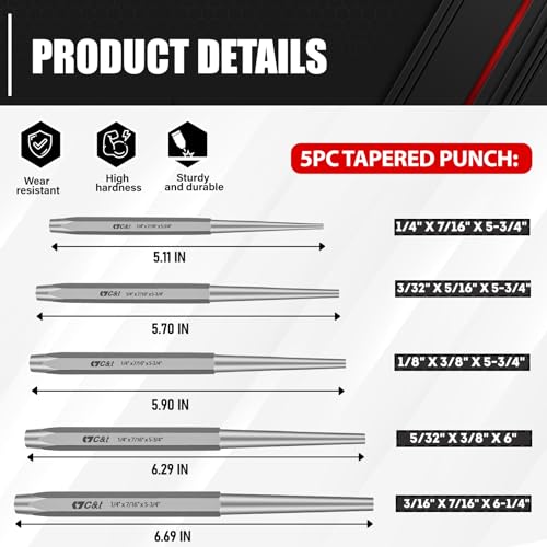 C&T 16-Piece Punch and Chisel Set with Storage Pouch, Including Taper Punch, Cold Chisels, Pin Punch, Center Punch, Chrome Vanadium Steel - WoodArtSupply