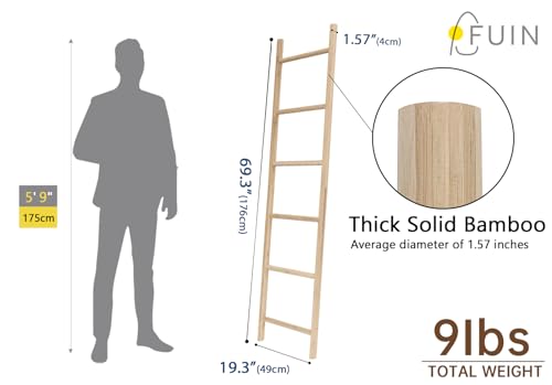 FUIN Fully Assembled 6ft Bamboo Blanket Ladders Living Room Wood Decorative Wall Leaning Farmhouse Quilt Display Holder Rustic Wooden Towel Rack for FUIN