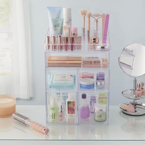 STORi Audrey Stackable Clear Bin Plastic Organizer Drawers | 2 Piece Set | Organize Cosmetics and Beauty Supplies on a Vanity | Made in USA STORi