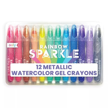 Ooly Rainbow Sparkle Gel Crayons for Kids and Adults - Set of 12 Watercolor Glitter Markers for Glass and Paper Surfaces with Clear Plastic Crayon Ooly