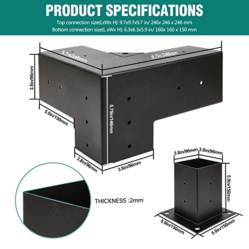 Kinchoix Pergola Brackets, 4 Pack Woodworks Pergola Kit 3-Way Right Angle Corner Bracket with Pergola Post Base for 4x4'' (Actual: 3.5x3.5'') Wood - WoodArtSupply