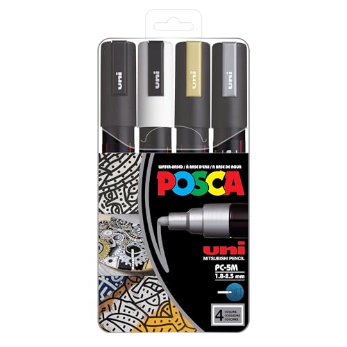 posca 4 Paint Markers, 5M Medium Markers Set of Mono-Colors with Reversible Tips of Acrylic Paint Pens Pens for Art Supplies, Fabric Paint, Fabric