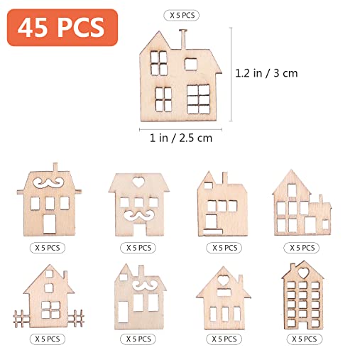 Supvox 45pcs Wood Craft Shapes House Shaped Wood Embellishment Cutout Veneers for DIY Craft Project Home Ornaments