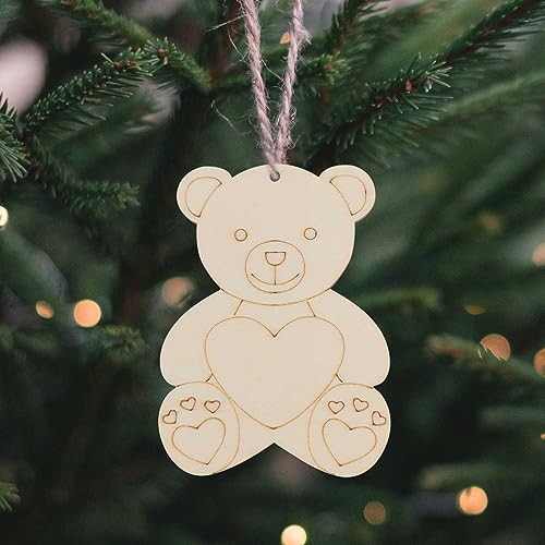 Creaides 20pcs Bear Wood DIY Crafts Cutouts Wooden Bear Hug Heart Shaped Hanging Ornaments with Hole Hemp Ropes Gift Tags for Baby Shower Wedding