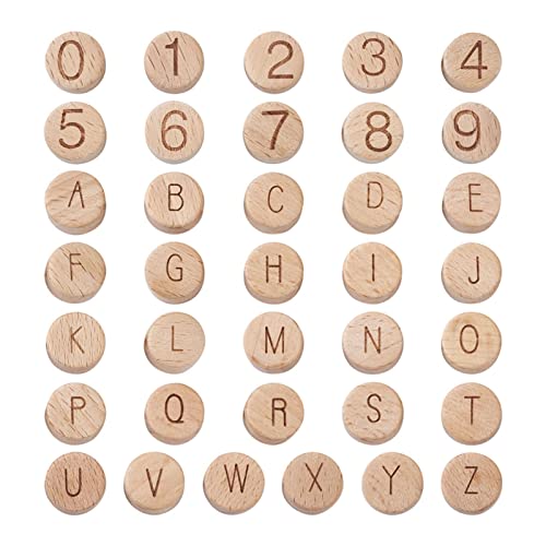 Pandahall 72pcs Beech Flat Round Wood Letter & Number Large Hole Beads 15x7-8mm Wooden Undyed Coin Loose European Beads with Alphabet Letter & 0-9 PH PandaHall