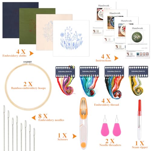 Pengxiaomei 4 Pack Flower Embroidery Kit for Beginners with Pattern and Instructions, Cross Stitch Kits Include 2 Wooden Embroidery Hoops Color Pengxiaomei