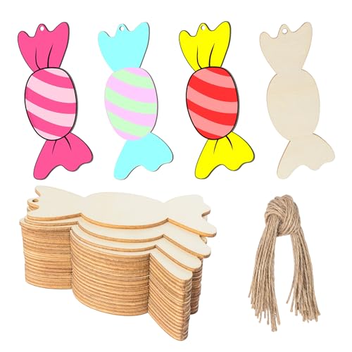 Wooden Candy Shape Unfinished Wood Candy Pieces Blank Wood Pieces Wooden with Twines Art Ornaments for Christmas Wedding Birthday Party Thanksgiving