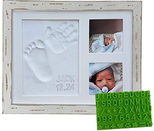 Farmhouse Baby Handprint & Footprint Picture Frame Kit - Rustic 9" x 11" Distressed Wood Photo Frame & Clay Keepsake for Newborns. Bonus Stencil for Baby Mushroom