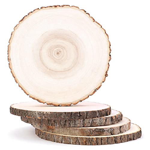 Pllieay 5Pcs 9-10 Inch Natural Poplar Wood Slices for Centerpieces, Large Wood Slice Ornaments for Crafts Coasters Cupcake Stand, Pyrography,