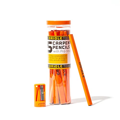 Orange Carpenter Pencil Set - Includes 15 Flat Construction Pencils with Printed Ruler, 1 Carpenter Pencil Sharpener & 1 Clear Storage Container - Oriole Tools