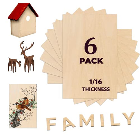 PlankKers Basswood Sheets 12"x8"x1/16" (6 Pack)- Thin Balsa Wood Sheets for Craft, Laser, Wood Burning, DIY Projects- Unfinished Plywood Sheets with PlanKKers
