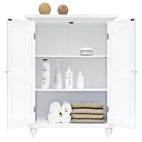 Teamson Home Versailles Wooden Freestanding Floor Storage Cabinet with 2 Adjustable Interior Shelves 3 Storage Spaces and 2 Floral Scroll Doors,