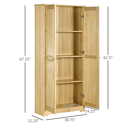 HOMCOM 67" Pinewood Kitchen Pantry Storage Cabinet, Freestanding Cabinets with Doors and Shelf Adjustability, Soft-Close Mechanism, Living Room & - WoodArtSupply