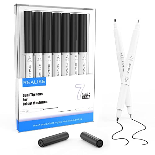 REALIKE Dual Tip Pens for Cricut Maker 3/Maker/Explore 3/Air 2/Air, Black Pens Set of 7 Pack Dual Tip Marker Fine Point Pen Writing Drawing - WoodArtSupply