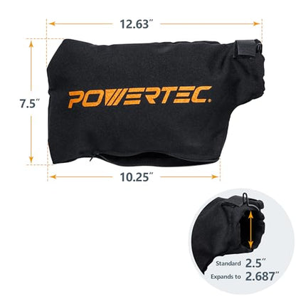 POWERTEC 75075 Miter Saw Dust Bag fits Nominal 2.5" Dust Ports, Expands to 2.687", Hook and Loop Dust Collector Bag with Zipper and Wired Adjustable
