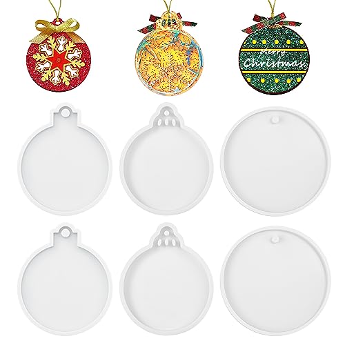 6pcs Christmas Resin Molds Silicone, 3 Designs Soft Christmas Pendant Mold with Hole Christmas Ornament Resin Molds for DIY Crafts Jewelry Making BOXOB