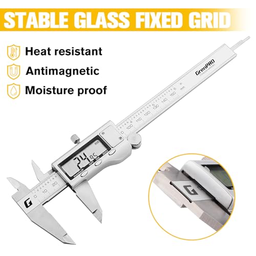GRENPRO Digital Caliper,6 Inches Electronic Digital Vernier Caliper Measuring Tool,All Metal Micrometer Vernier Caliper with Huge LED Screen for GRENPRO