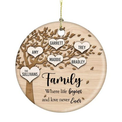 Family Where Life Begins and Never Ends Personalized 3 Inch Ceramic Christmas Ornament With Gift Box (5 Names) - WoodArtSupply